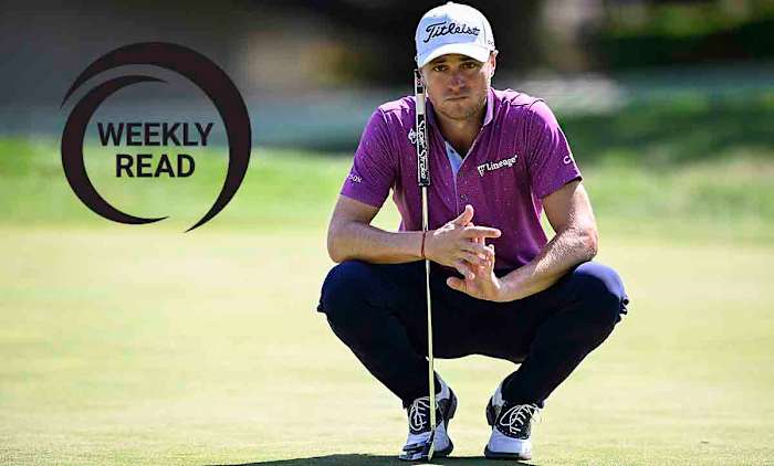 Justin Thomas lines up a putt on the second green during the final round of the 2023 Fortinet Championship at Silverado Resort and Spa in Napa, California, along with the SI Weekly Read logo.